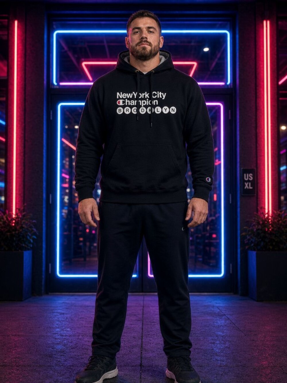 Champion Men Black NYC Brooklyn Hoodie Front Pocket Gym Pullover US XL